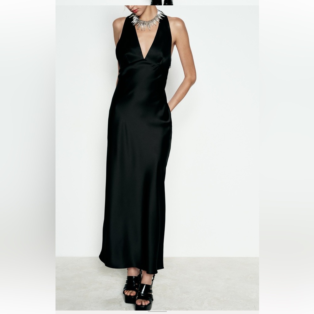 Zara black satin effect midi dress
